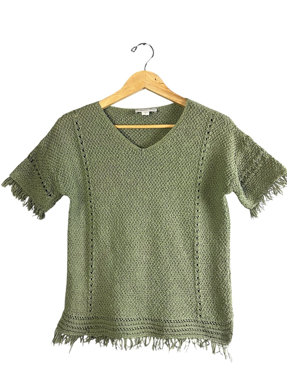 Coldwater Creek Sage Green Fringe Knit V-Neck Sweater Top M